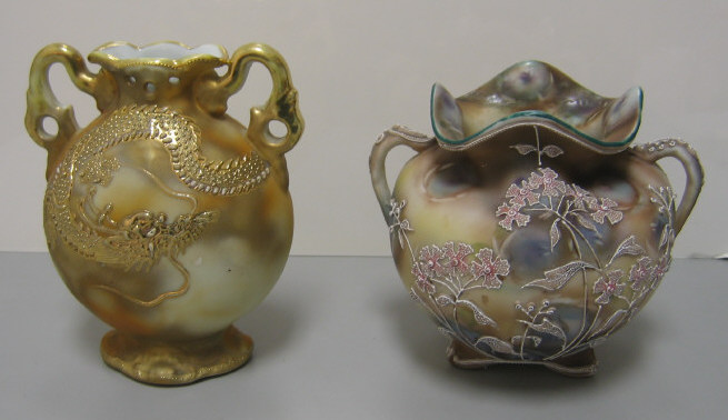 Appraisal: TWO NIPPON MORIAGE VASES Both double handled one flat with