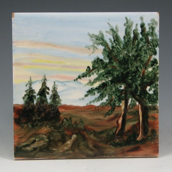 Appraisal: Wheeling tile with hand painted landscape scene Marked Wheeling Cushion