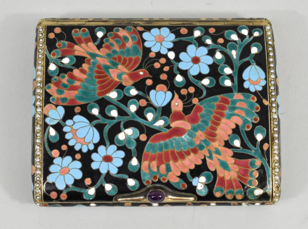 Appraisal: RUSSIAN CHAMPLEVE ENAMEL SILVER GILT CIGARETTE CASE - The interior