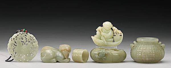 Appraisal: Five celadon jade decorations The first a circular water coupe