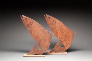 Appraisal: Two Leaping Salmon Metal Sculptures steel by by in c