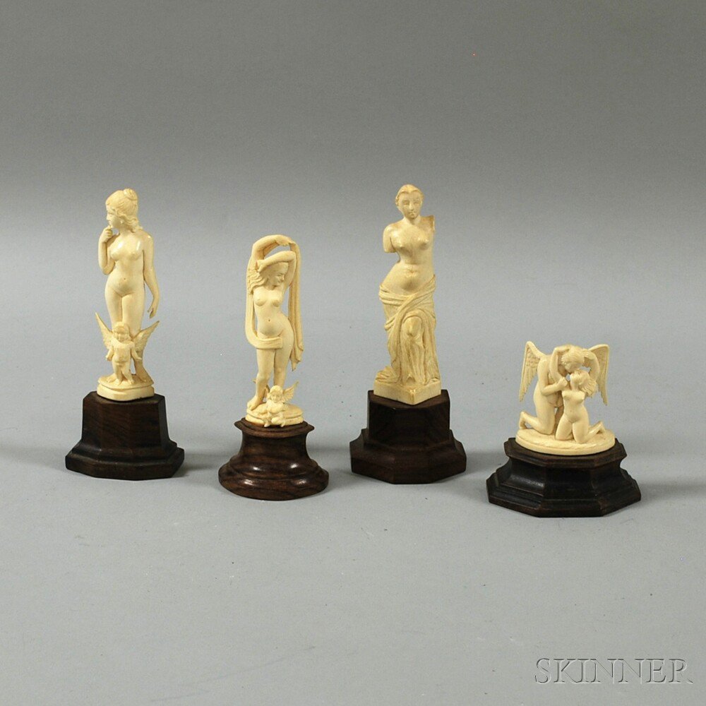 Appraisal: Four Ivory Figural Carvings on Stands depicting women in classical