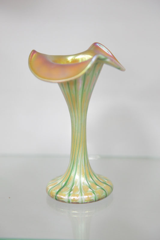 Appraisal: QUEZAL VASE Small trumpet form vase having a folded rim