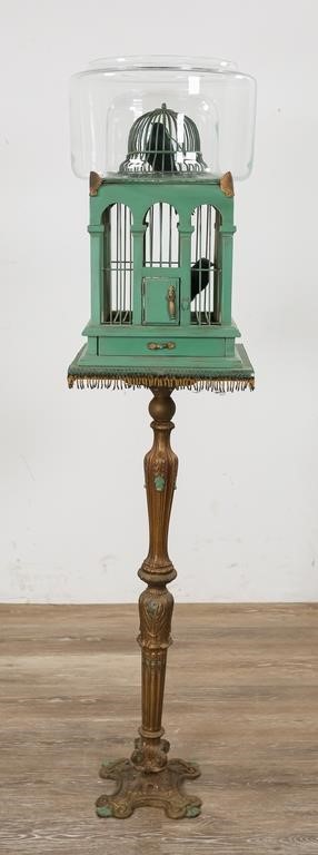 Appraisal: VICTORIAN BIRD CAGE AND FISHBOWL STANDVictorian bird cage and fishbowl