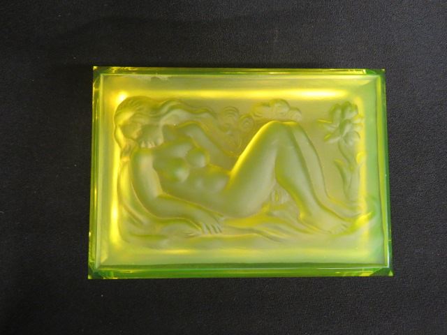 Appraisal: Vaseline Art Glass Dresser Box nude woman on top satin