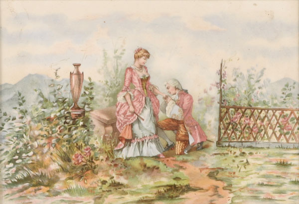 Appraisal: Transfer decorated porcelain plaque depicting th century couple in garden