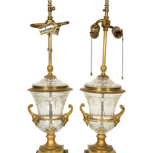 Appraisal: A Pair of Continental Gilt Bronze and Cut Glass Urns