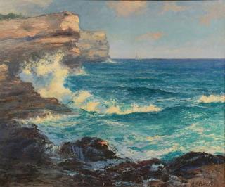 Appraisal: A E Backus oil on canvas seascape x Albert E