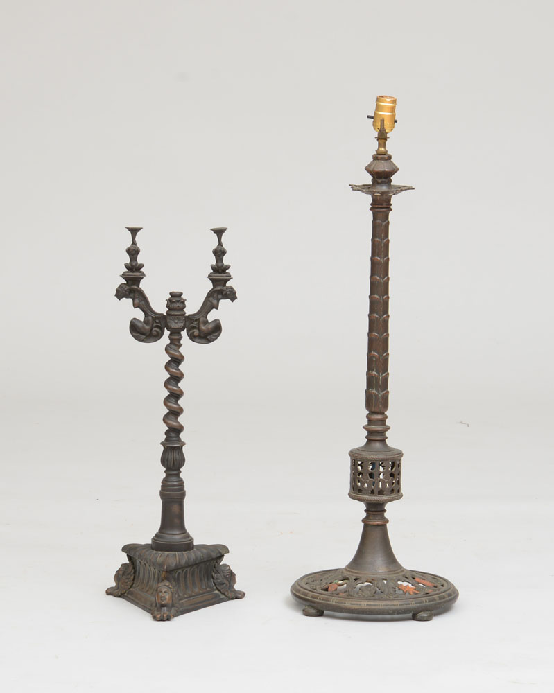 Appraisal: STYLE OF OSCAR BACH TWO LAMP BASES Bronze cast-brass unmarked