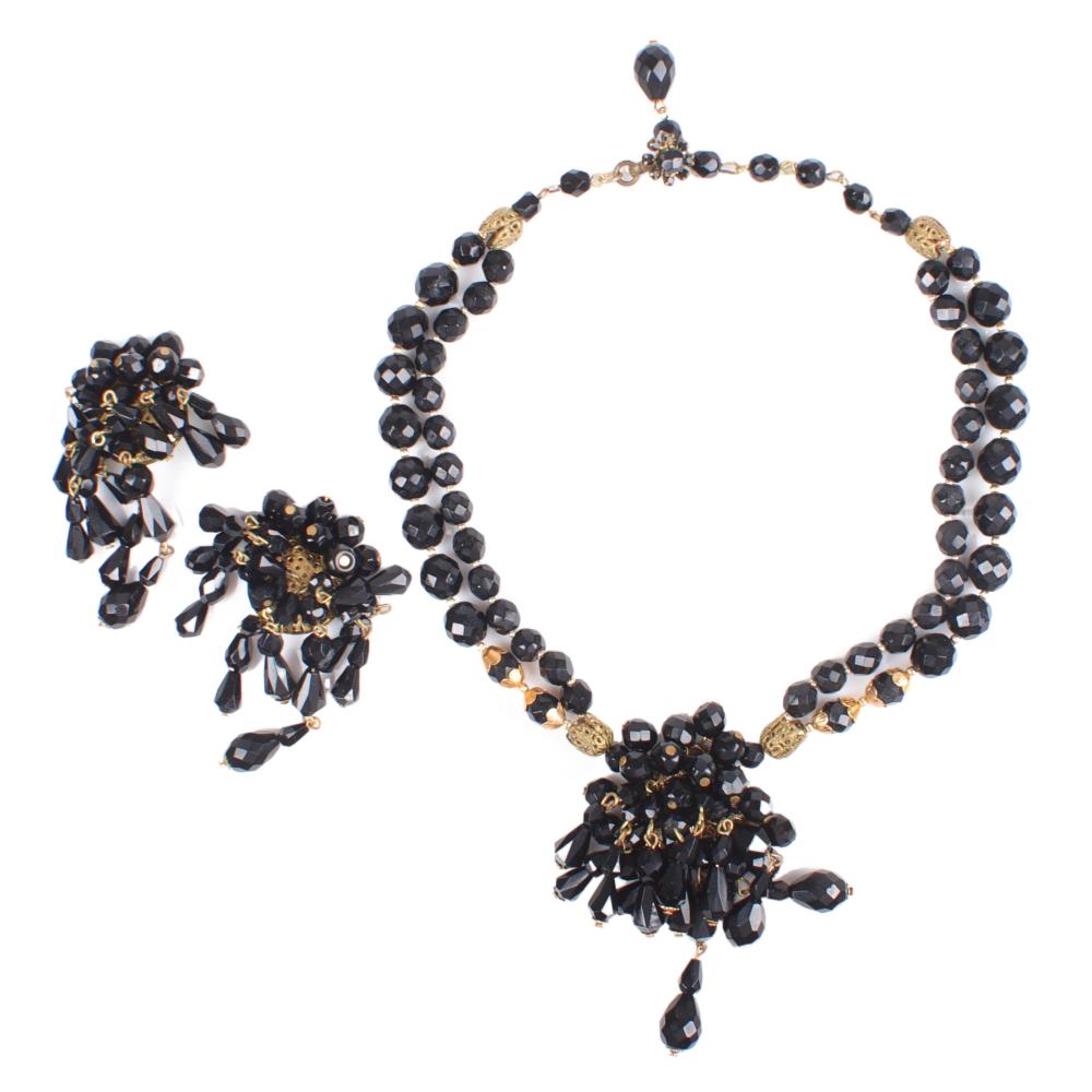 Appraisal: MIRIAM HASKELL NECKLACE AND EARRING SET DOUBLE STRAND BLACK FACETED