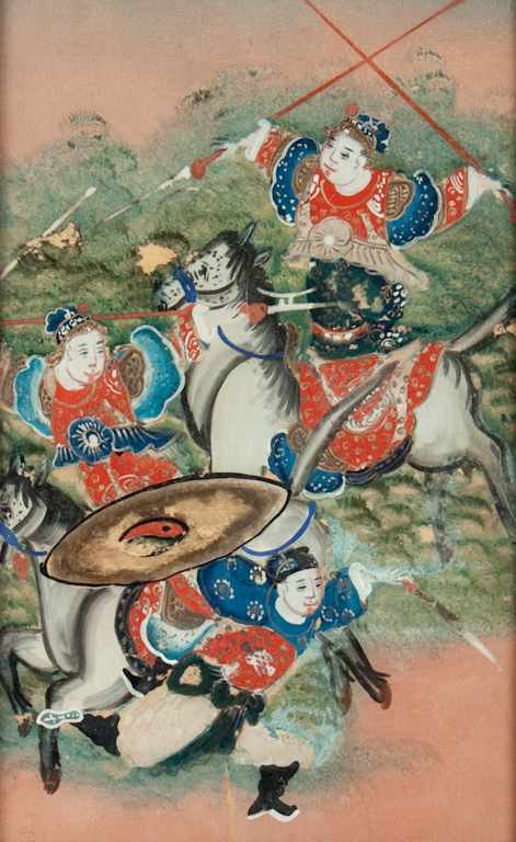 Appraisal: th century Chinese reverse painting on glass depicting a battle