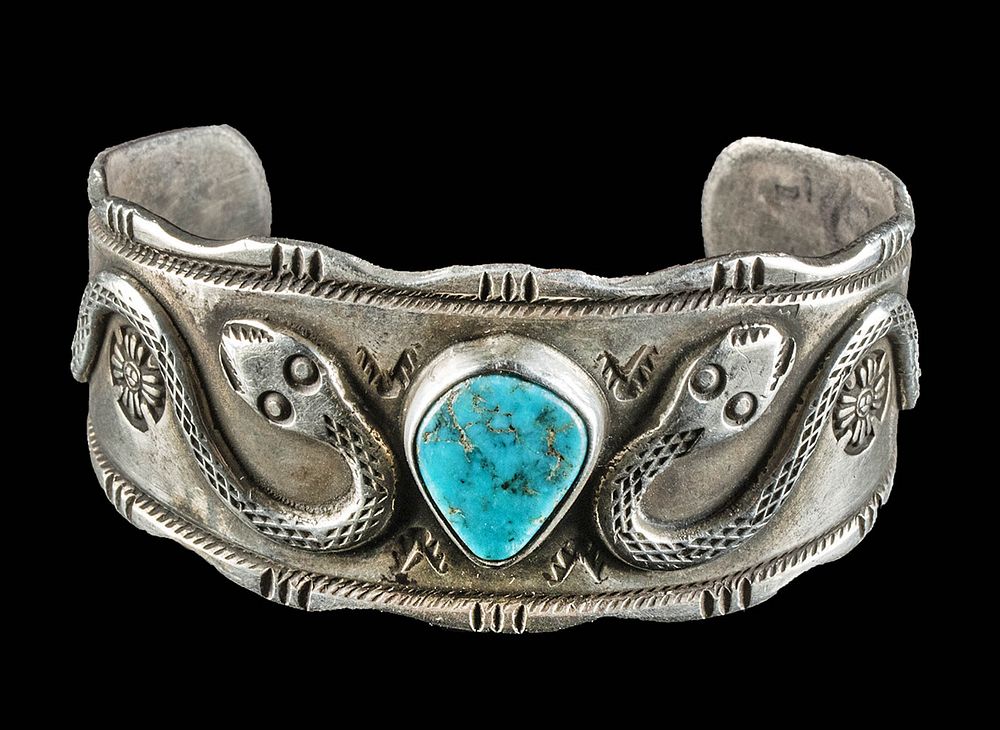 Appraisal: Vintage Navajo Silver Turquoise Cuff w Snakes Native American Southwestern