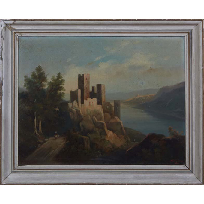 Appraisal: M Geoffroy Pastoral Landscape with Castle on the Cliffs Edge