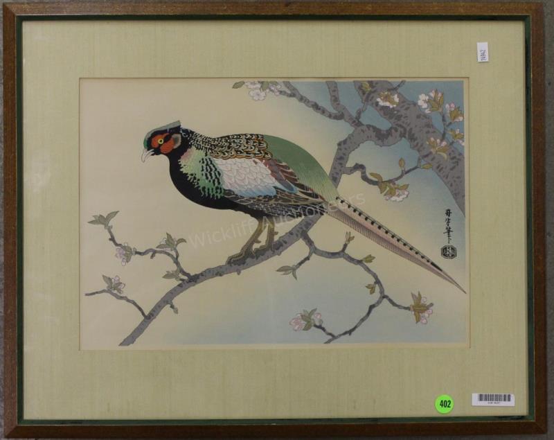 Appraisal: A Japanese woodblock print signed middle right depicting exotic bird