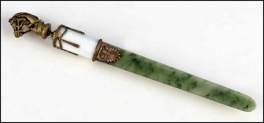 Appraisal: RUSSIAN GILT SILVER ENAMEL LAPIS AND JADE LETTER OPENER Underside