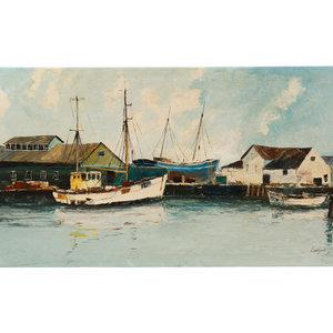 Appraisal: Bernard Laarhoven Dutch b Boats by Dock oil on canvas