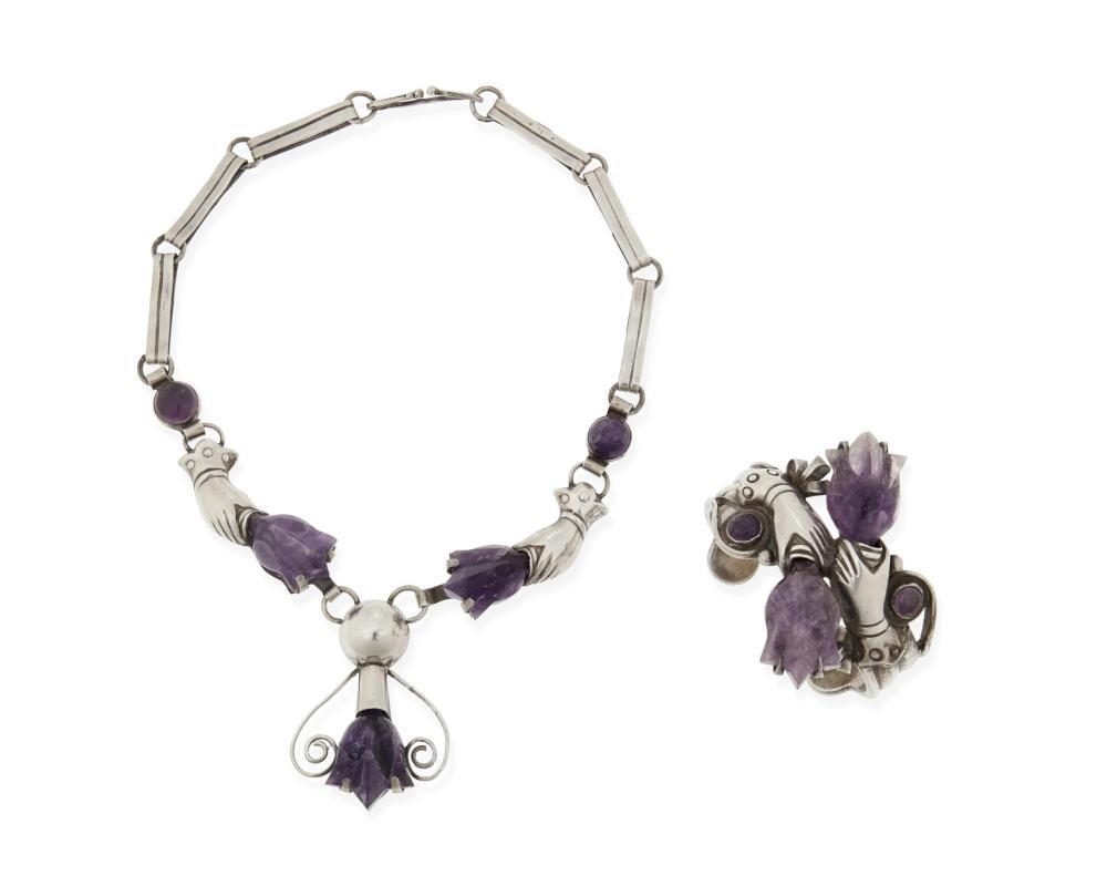 Appraisal: A silver pendant necklace and cuff with amethysts Second-Quarter th