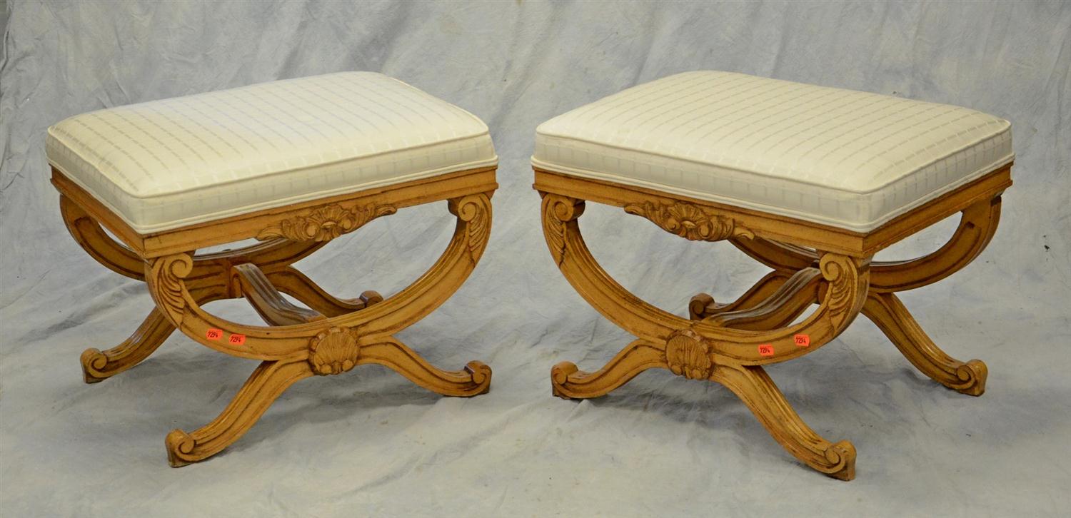 Appraisal: Pair of Klismos Form Carved Footstools ivory upholstery h x