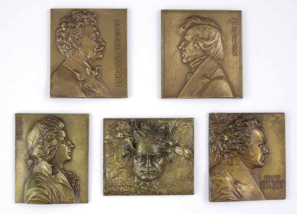 Appraisal: FRANZ STIASNY BRONZE PLAQUES HONORING CLASSIC COMPOSERS Mozart Chopin Johann