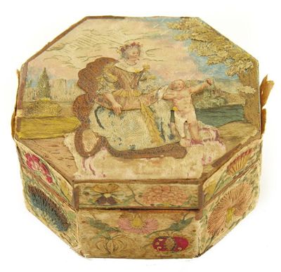 Appraisal: An th century octagonal needlework decorated box the cover with