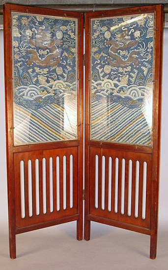 Appraisal: Chinese Kesi fragment wood and glazed two panel floor screen