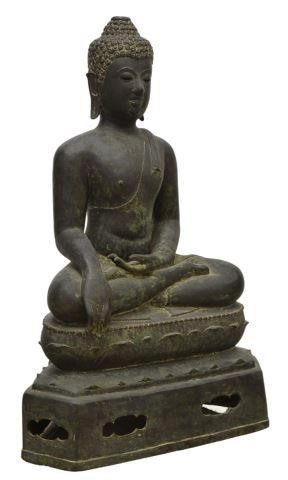 Appraisal: Patinated bronze figure of the Buddha seated in Bhumisparsha earth