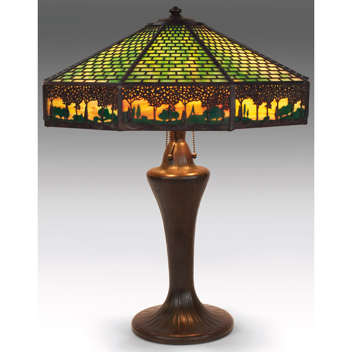 Appraisal: Handel lamp six-sided slag glass shade with geometric metal overlay