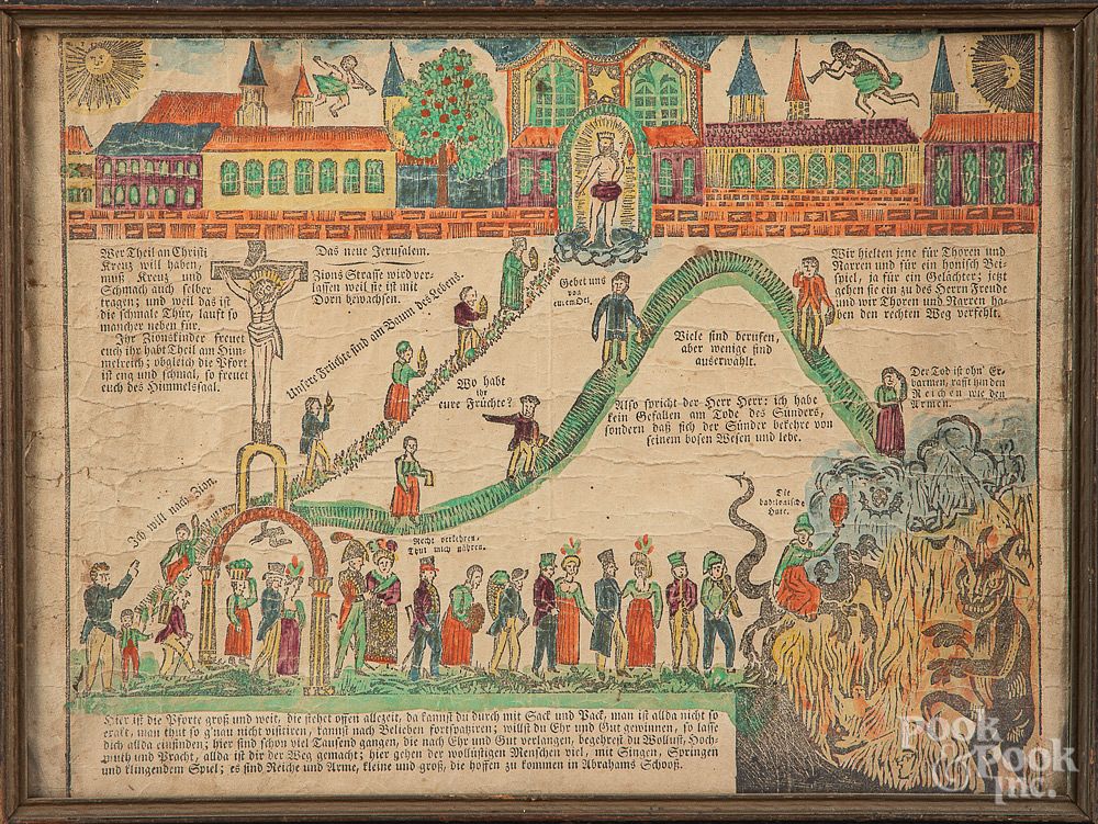 Appraisal: Printed and hand colored heaven and hell fraktur Printed and