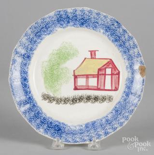 Appraisal: Blue spatter plate with schoolhouse decoration '' dia