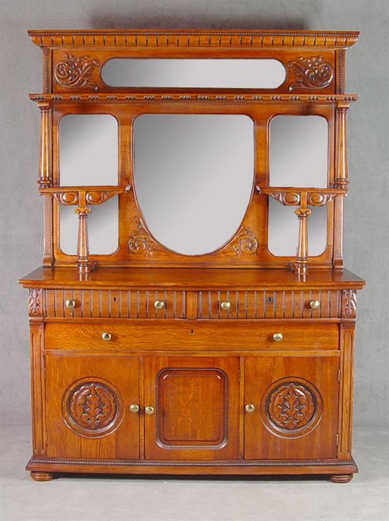 Appraisal: English Oak Mirrored Back Server Circa Carved pediment above oval