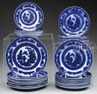 Appraisal: TWENTY-NINE FLOW BLUE PLATES IN THE TEMPLE' PATTERN Four different