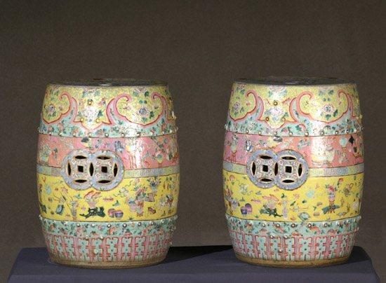 Appraisal: Pair of Chinese 'Famille Rose' Yellow and Rose Ground Archaic