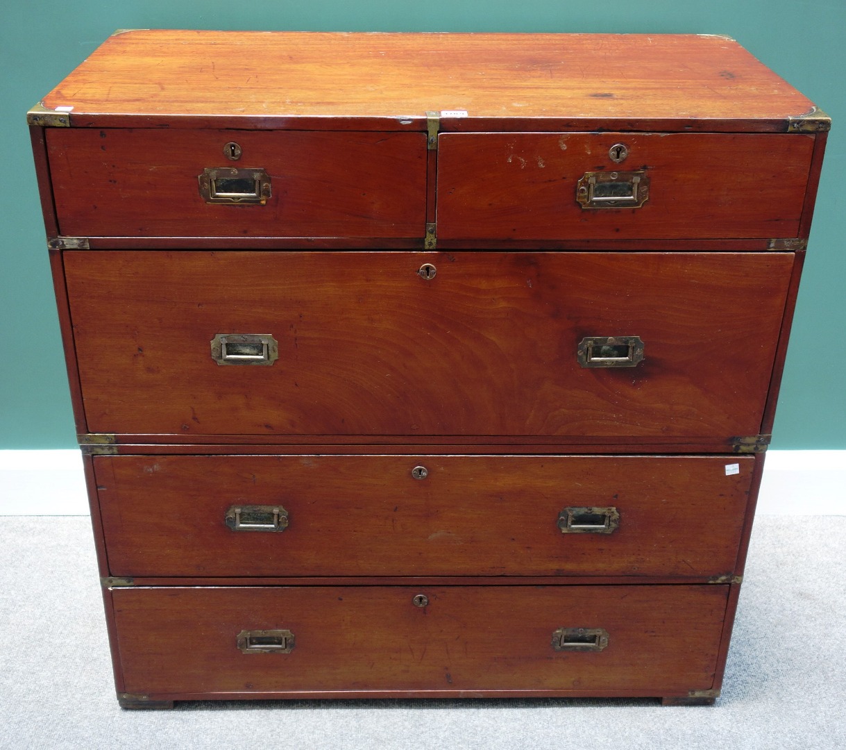 Appraisal: A th century mahogany two part campaign chest of two