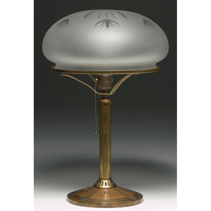 Appraisal: Bradley Hubbard lamp frosted glass dome shade supported by a