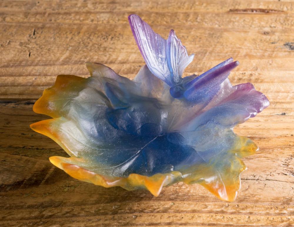 Appraisal: FRENCH DAUM PATE DE VERRE BUTTERFLY LEAF DISH WITH BOX