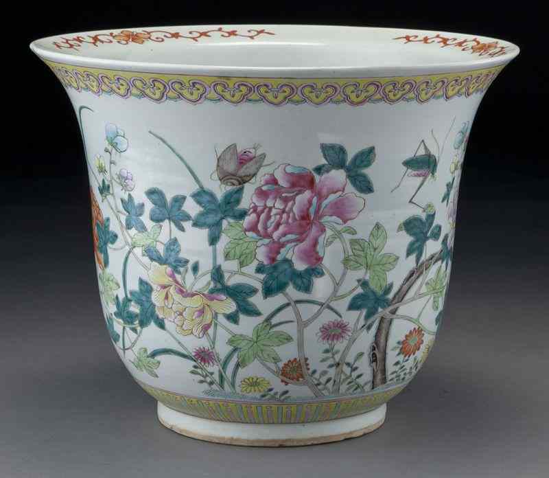 Appraisal: Chinese Republic famille rose porcelain jardinieredepicting flowers and insects ''H