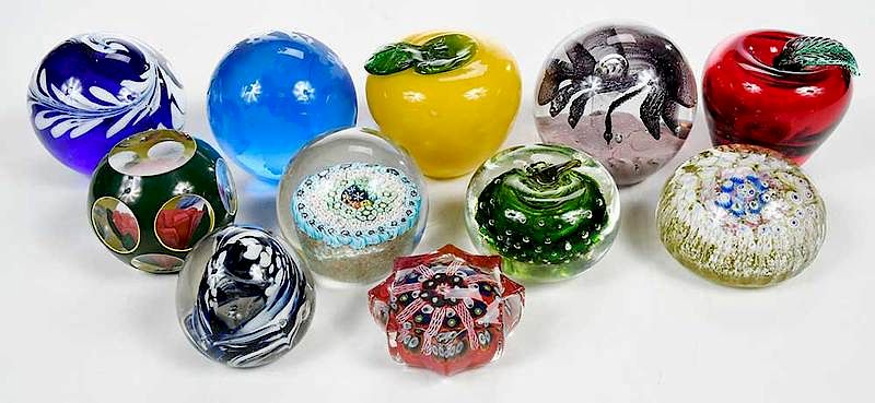 Appraisal: Assorted Glass Paperweights modern several fruit form three Millefiori green