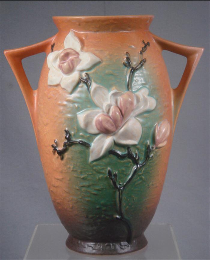 Appraisal: Roseville magnolia pottery vase - brown with white flowers green