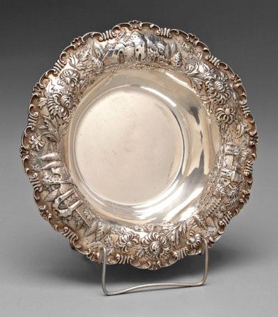 Appraisal: Kirk sterling bowl rim with repousse floral and village scene