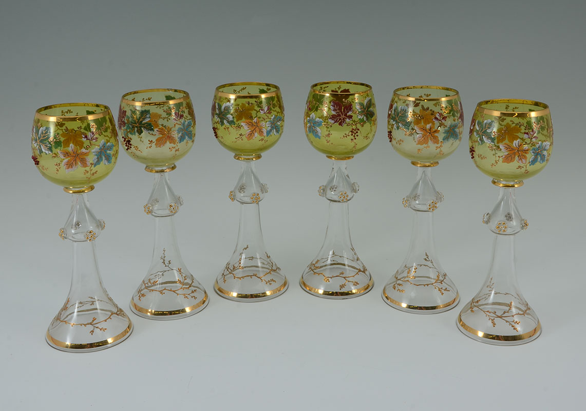 Appraisal: MOSER QUALITY FLORAL MOTIF WINE GLASSES Bohemian glass wine stems