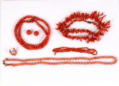 Appraisal: A coral bead necklace cm long and sundry coral jewellery