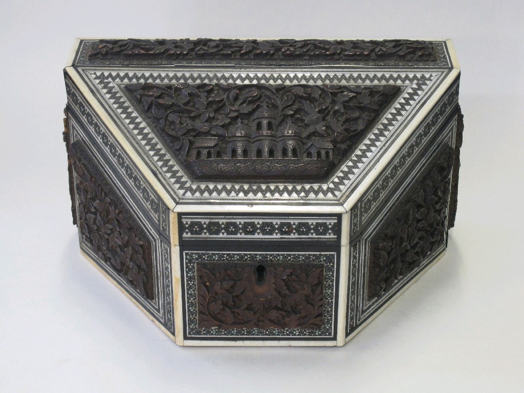 Appraisal: Eastern carved wooden box with mother of pearl and ivory