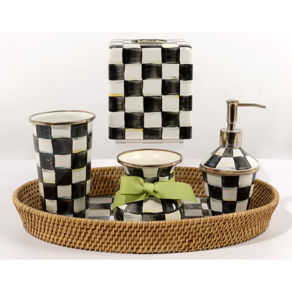 Appraisal: MACKENZIE CHILDS COURTLY CHECK ENAMELED BATHROOM SET items including a