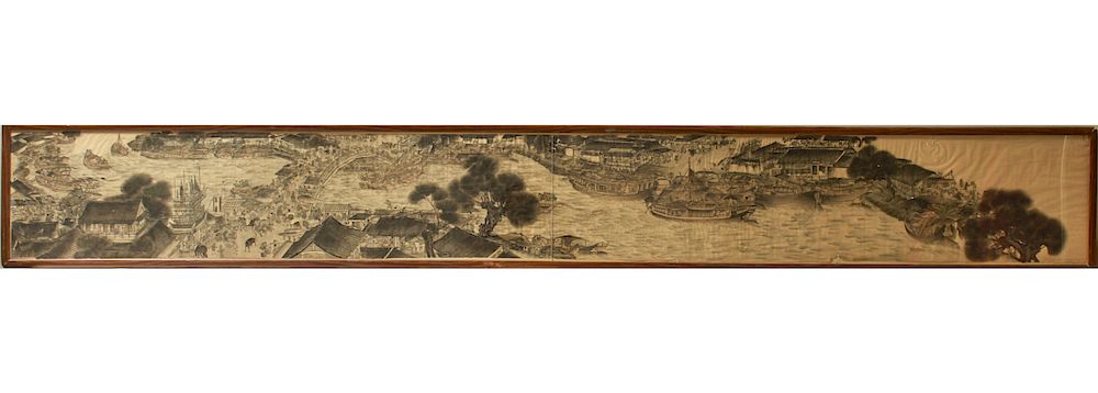 Appraisal: Asian Scroll Cityscape Figures Watercolor Ink Asian scroll Cityscape landscape