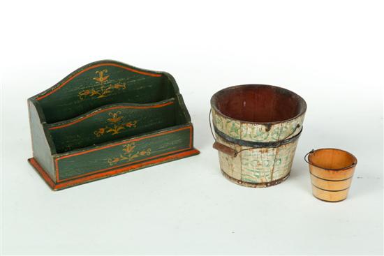 Appraisal: THREE WOODEN ITEMS American late th-early th century Hand decorated