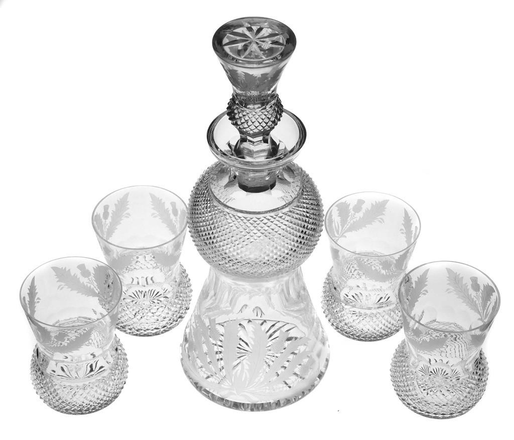 Appraisal: Matched set of cut crystal decanter and four glasses Thistle