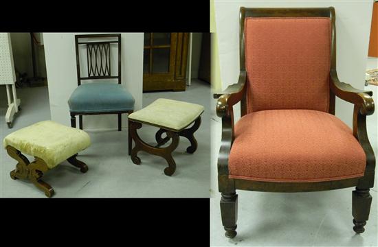 Appraisal: Victorian open arm chair upholstered back and seat scrolled arms