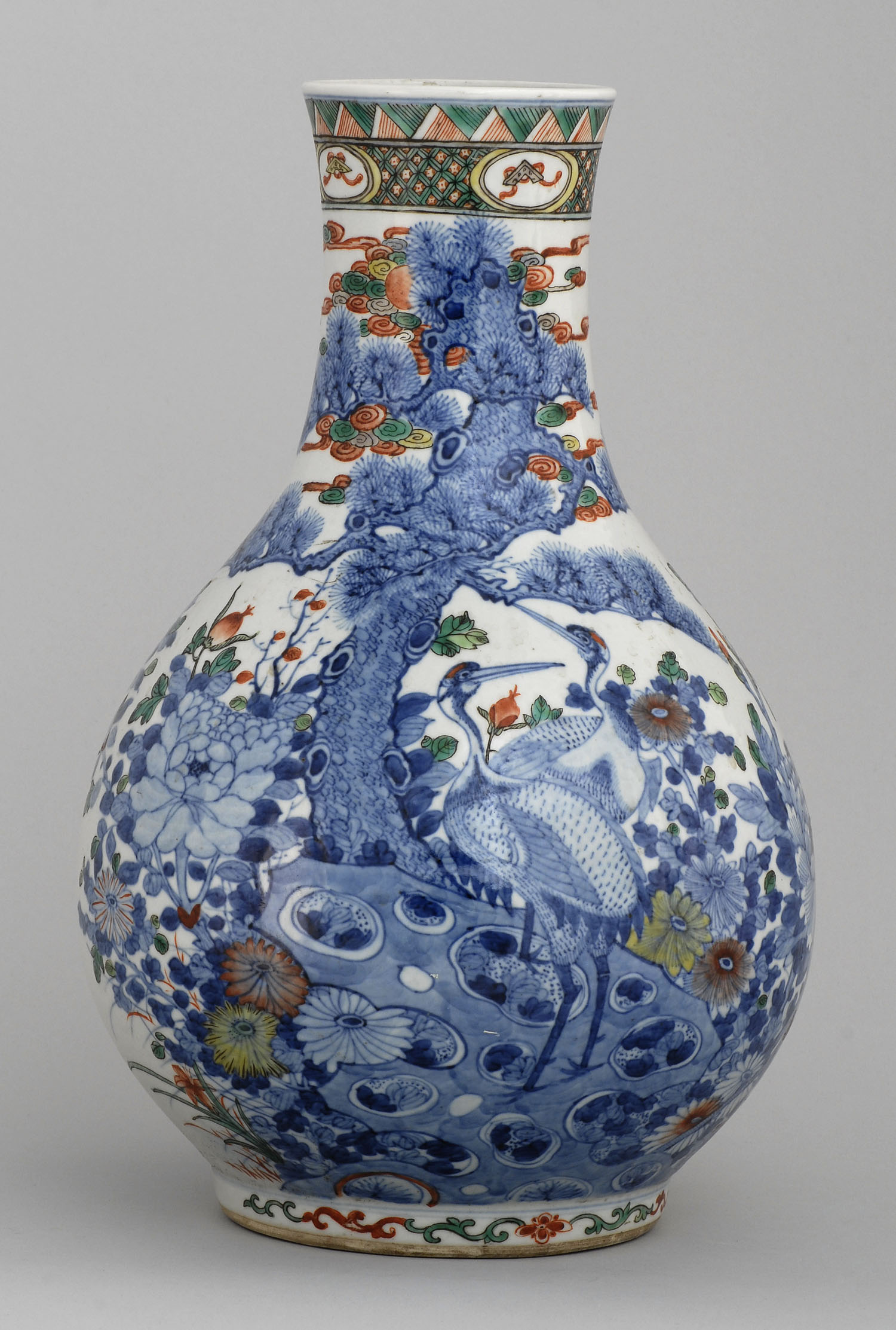 Appraisal: UNDERGLAZE BLUE AND ENAMEL-DECORATED PORCELAIN VASE th CenturyIn pear shape