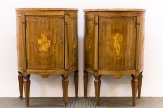 Appraisal: Antique Italian Marquetry Marble Demilune Commodes Antique Italian pair of