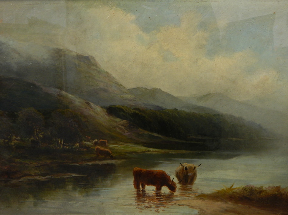 Appraisal: H Gill thC Highland cattle at the waters edge oil